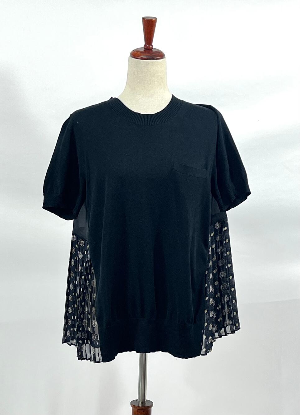 SACAI 3 L Large Blk Blue Sweater Tee T-Shirt Top Mixed Media Swing Pleated Back